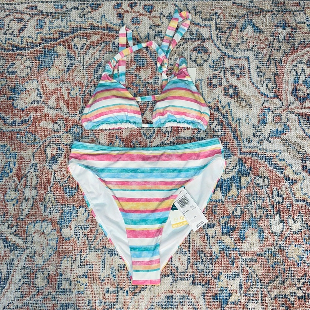 Roxy Island in the Sun Triangle Bikini Top + Moderate Mid Waist Bottoms SZ M NWT